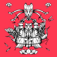 Bakeneko Raijin Drums Japanese Monster Premium Vector Illustration