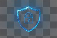 PNG Glowing blue shield security digital lock.