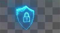 PNG Glowing blue shield security digital lock.