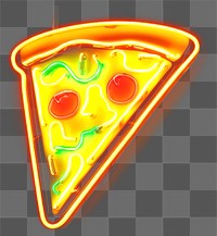 PNG Neon sign depicting a pizza slice con neon cheese bright.