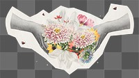 Png hand holding flowers sticker, rough cut paper effect, transparent background