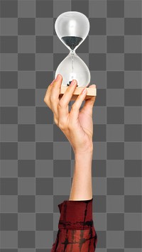 Hourglass png in hand sticker on transparent background