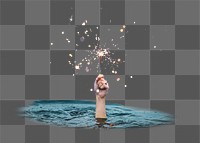 Hand holding sparkler png sticker, transparent background