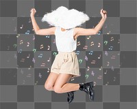 Png cloud head woman sticker, enjoying music, transparent background