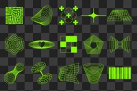 Neon wireframe png shapes sticker set on transparent background