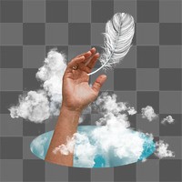 Png hand reaching sticker, sky portal design, transparent background