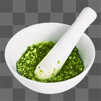 Making pesto with mortar  png sticker, transparent background