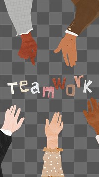 PNG Teamwork word, paper diverse hands united collage, transparent background