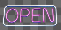 Png open neon sign, isolated object, transparent background