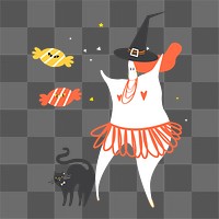 Halloween witch png sticker, dancing, festive doodle on transparent background