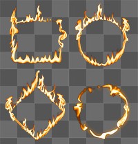 Flame png frame, square circle shapes, realistic burning fire set
