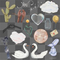 Valentines png stickers set, romantic relationship design, transparent background 