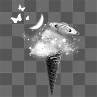 Cloudy ice cream png sticker, grayscale  transparent background