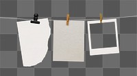 Cute papers png hanging on clothing line, transparent background