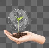 Farming technology png, hand holding plant, smart agriculture collage element, transparent background