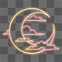 Neon crescent moon surrounded by clouds sticker overlay