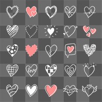 Png heart icons, pink set in hand-drawn doodle style