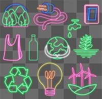 Png neon sign environment illustration set, eco-friendly 