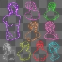 Classical sculpture png sticker, glowing neon monoline graphic on transparent background set