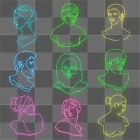 Classical sculpture png sticker, glowing neon monoline graphic on transparent background set