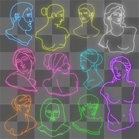 Classical sculpture png sticker, glowing neon monoline graphic on transparent background set