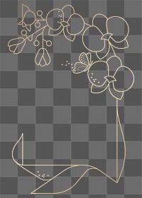 Png gold orchids line art frame, transparent botanical sticker illustration