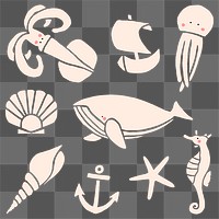 Hand drawn underwater animal collection transparent png