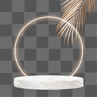 Png 3D modern product display podium with gold palm leaf and neon ring