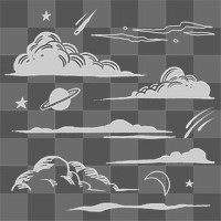 Gray png puffy clouds galactic doodle sticker