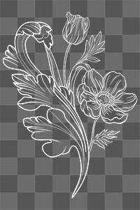 Flower png clipart, aesthetic black line art, transparent background