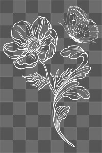 Flower png clipart, aesthetic black line art, transparent background