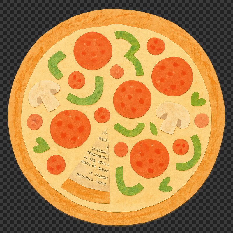 PNG Colorful pizza illustration with toppings.