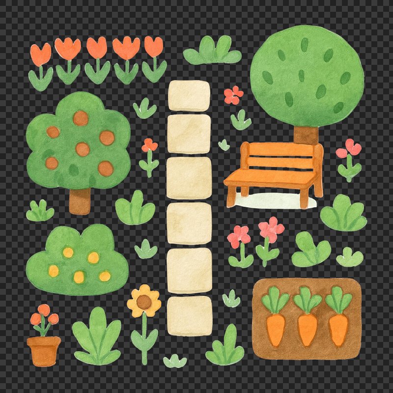 PNG Whimsical garden illustration elements.