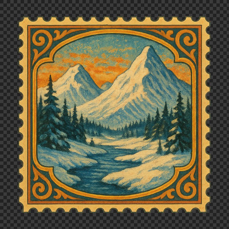 PNG Vintage mountain landscape stamp