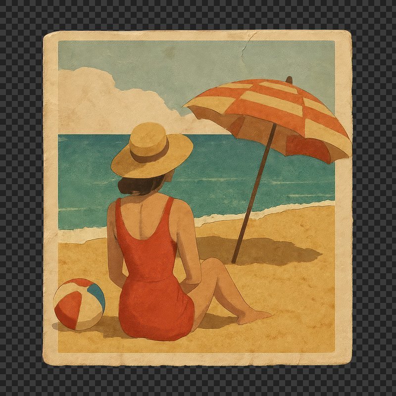 PNG Vintage beach scene illustration.