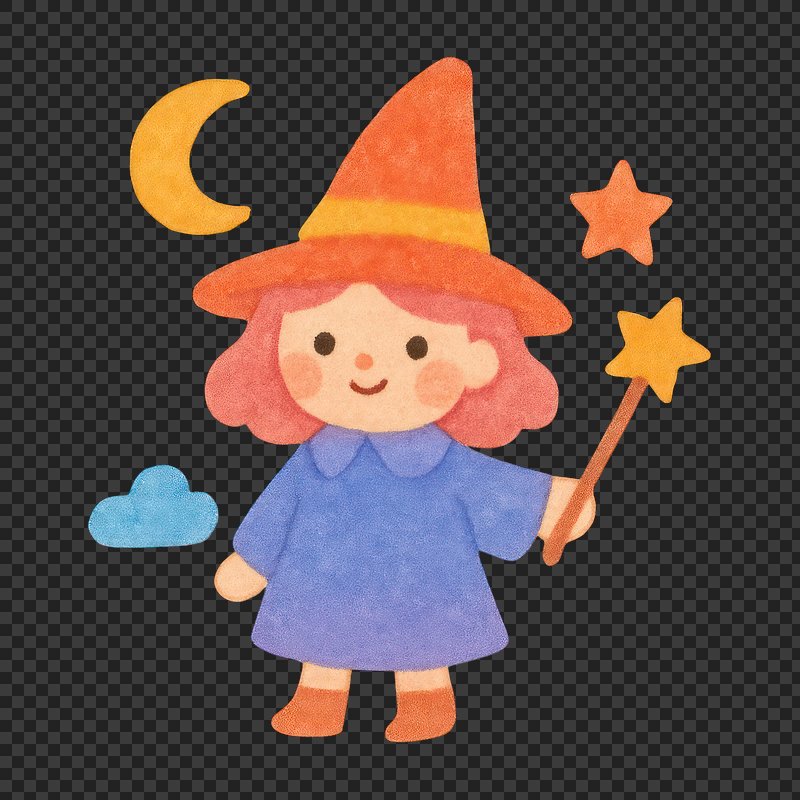 PNG Cute witch with magical wand.