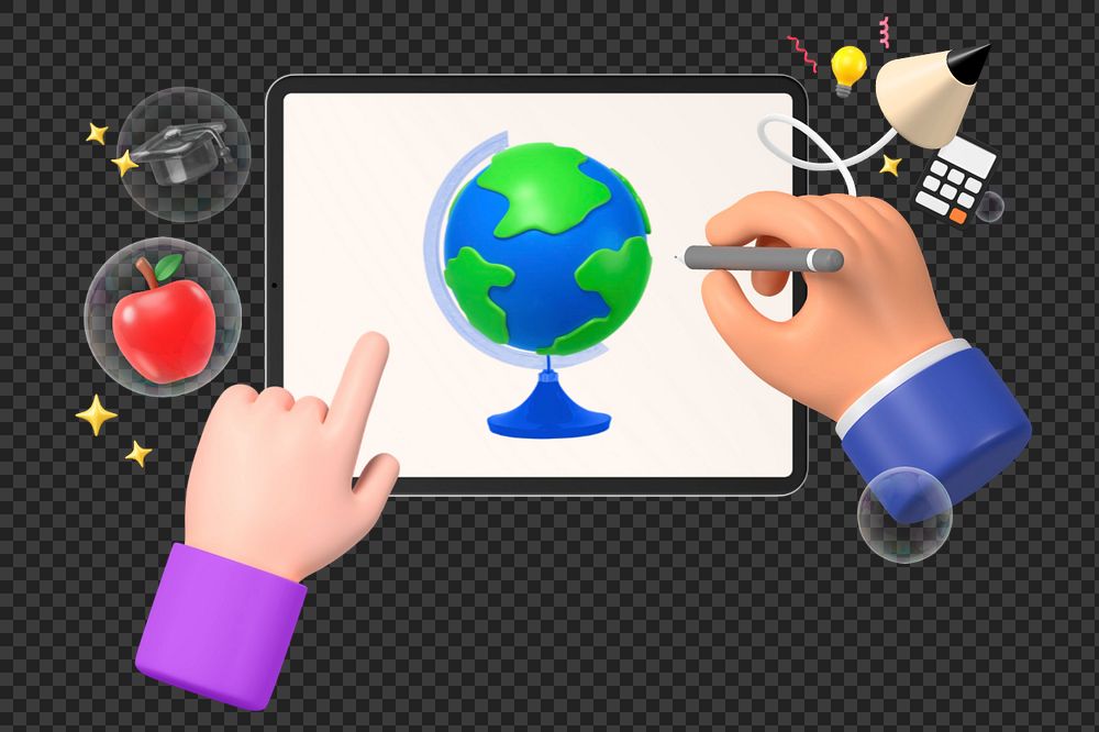 Hand drawing globe on tablet, environment graphic, editable elements