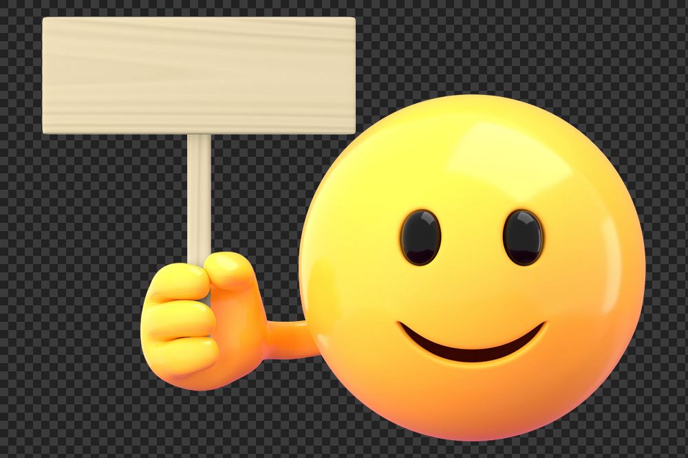 Emoticon holding wooden sign mockup, 3D rendered  editable design
