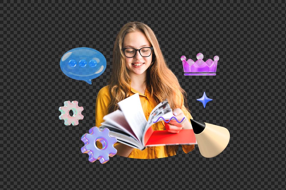 Girl reading book png, creative idea 3D remix