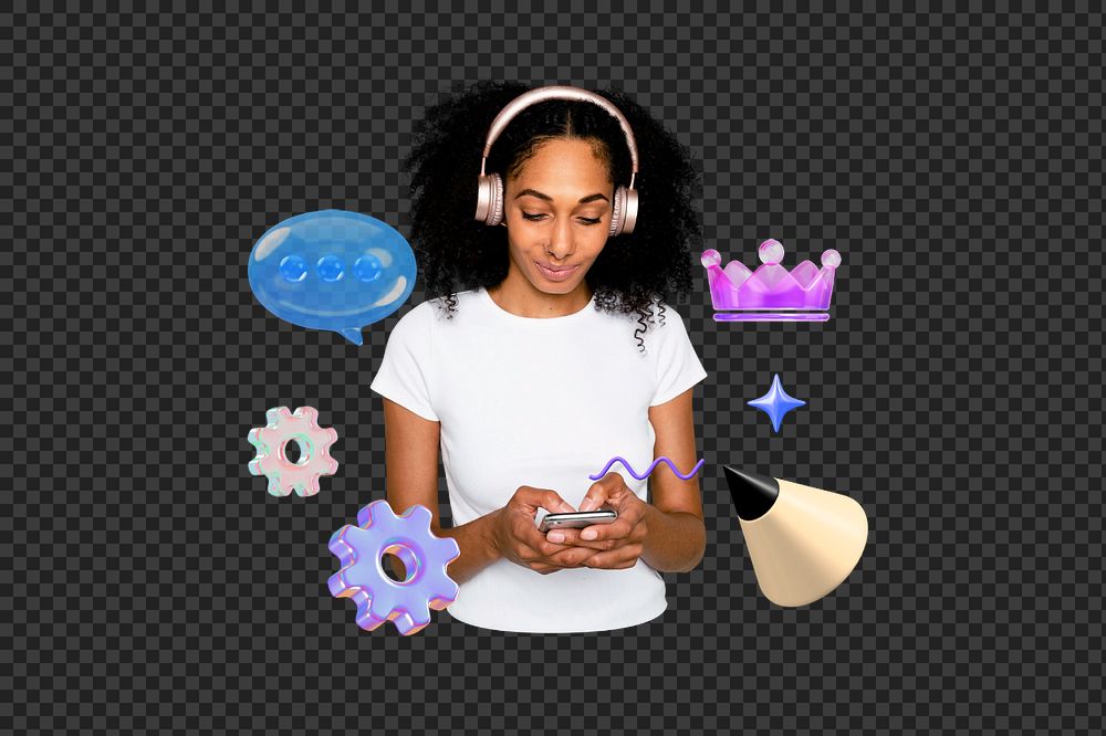 Texting woman png, social media remix