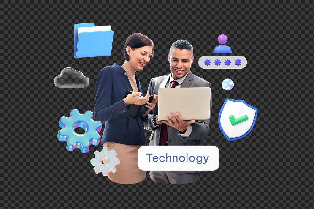 Technology png word, business team remix
