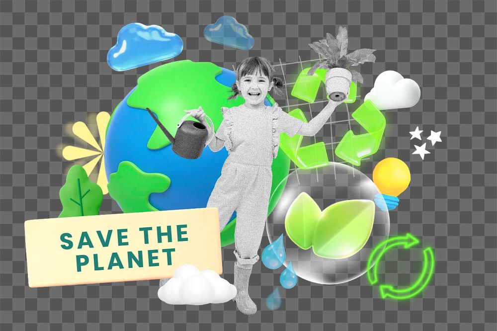 Save the planet, editable sustainability word, 3D remix