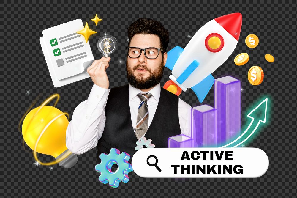 Active thinking, editable business word 3D remix