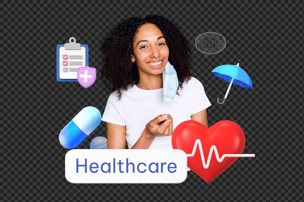 Healthcare word png, smiling woman, healthcare remix