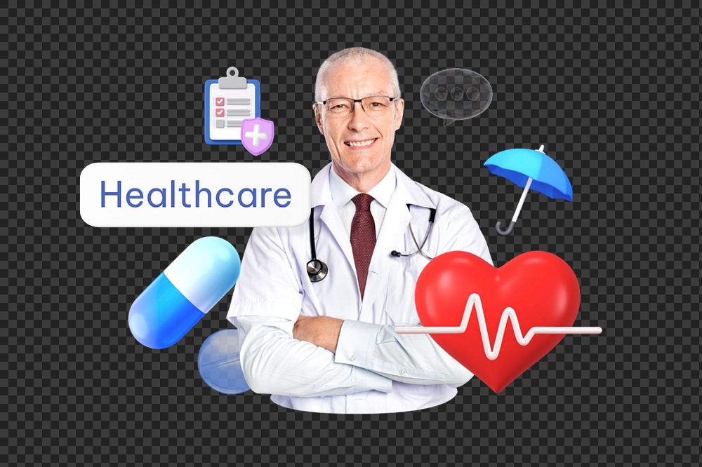 Healthcare png word, smiling doctor, healthcare remix
