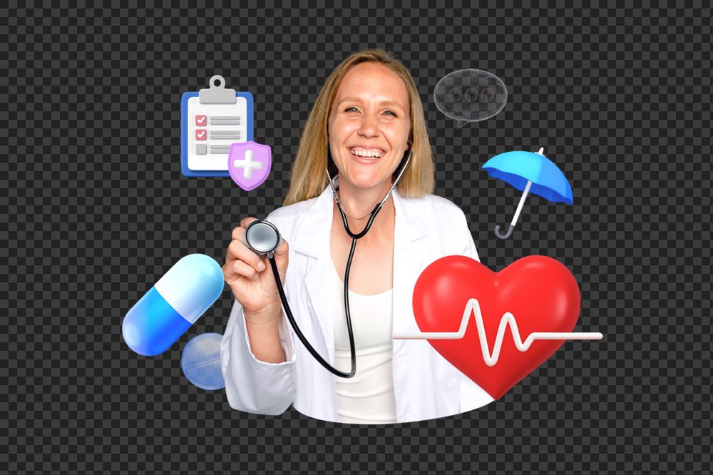 Health check-up png, smiling doctor, healthcare remix