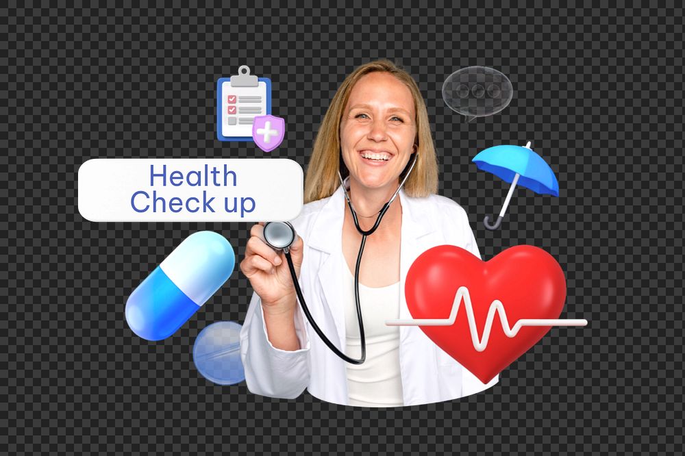 Health check up word png, smiling doctor, healthcare remix