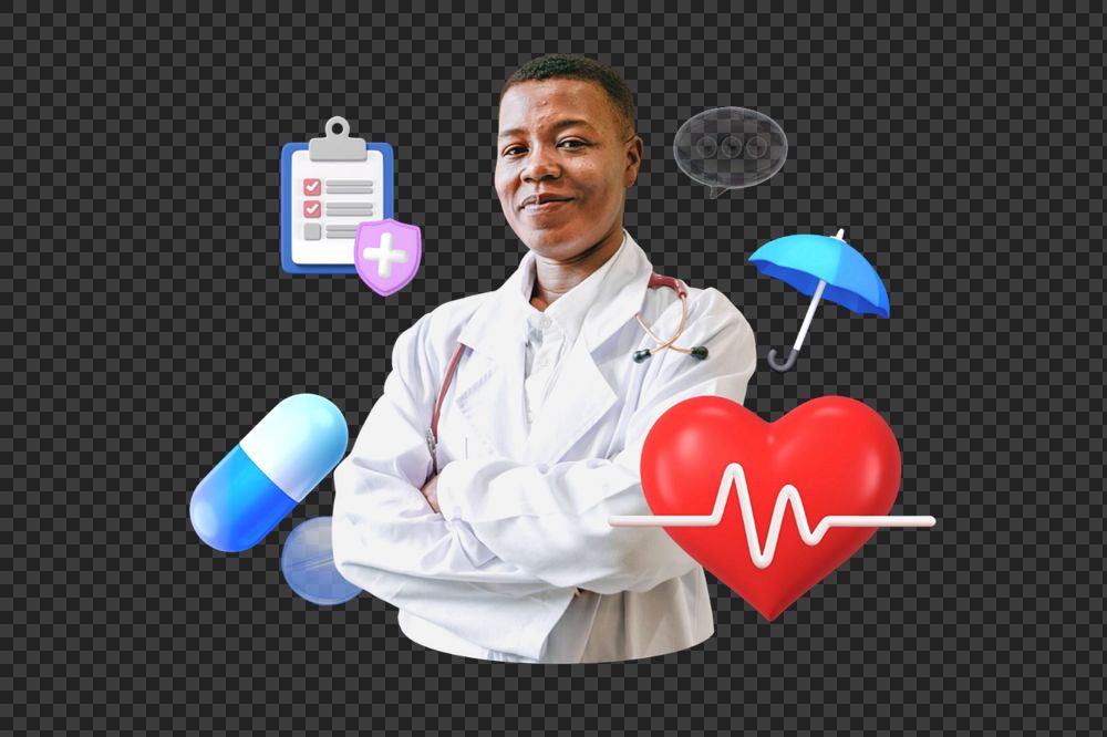 Health check-up png, smiling doctor, healthcare remix
