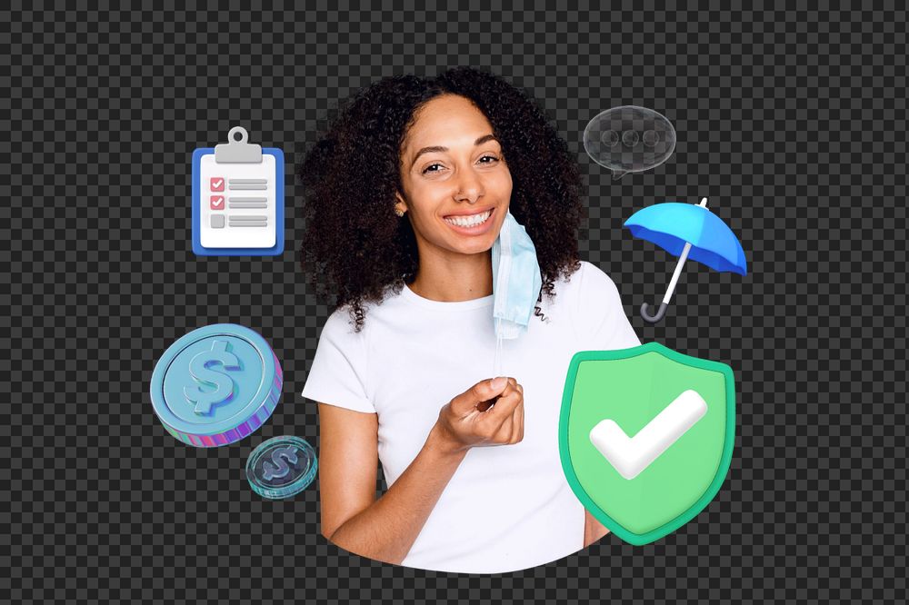 Life insurance png, smiling woman, security & protection 3D remix
