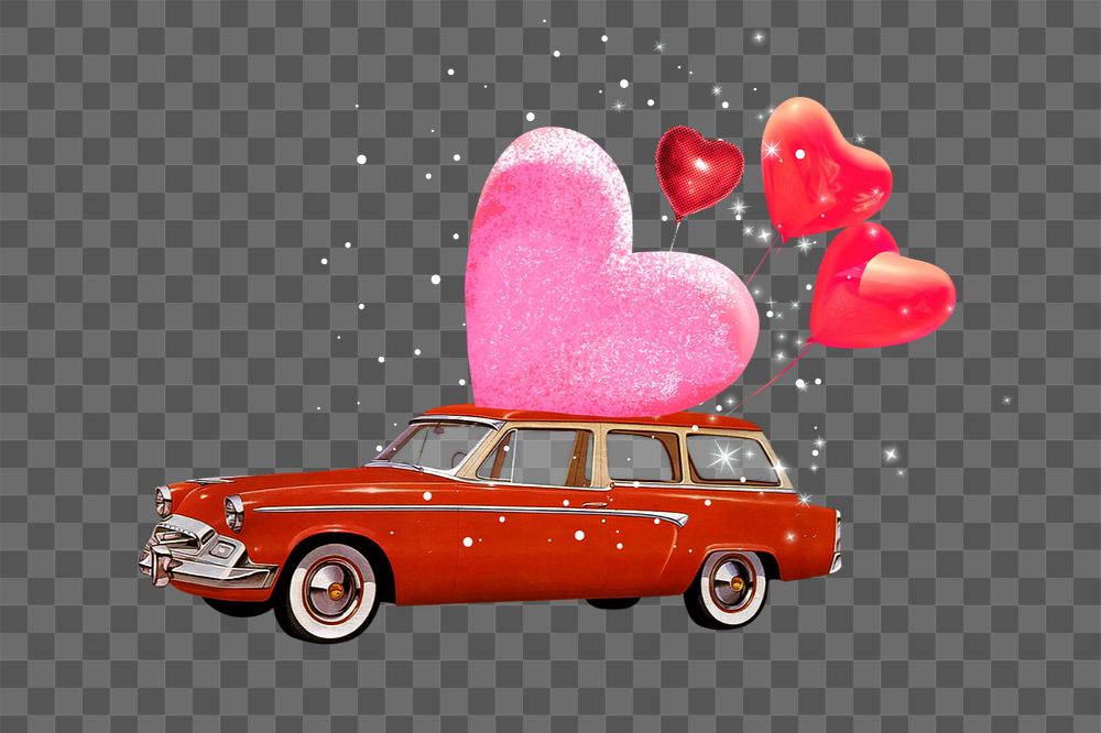 Valentine's celebration car png, editable floating heart balloons collage art